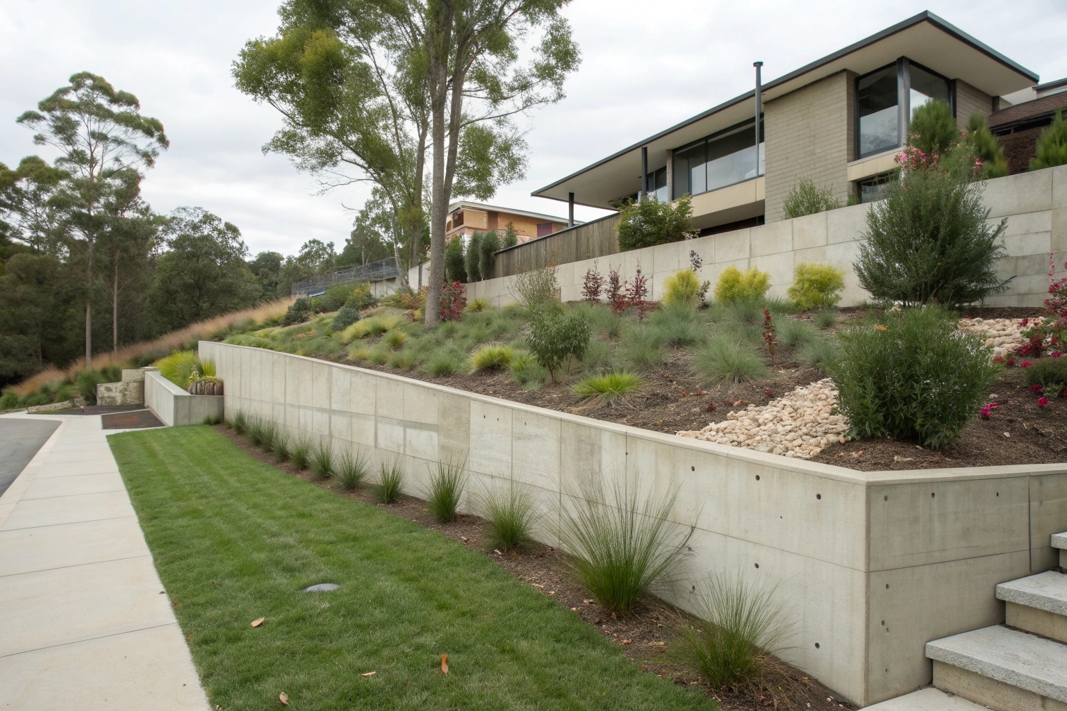 Modern concrete retaining wall transforming a sloped Canberra property into a usable outdoor space