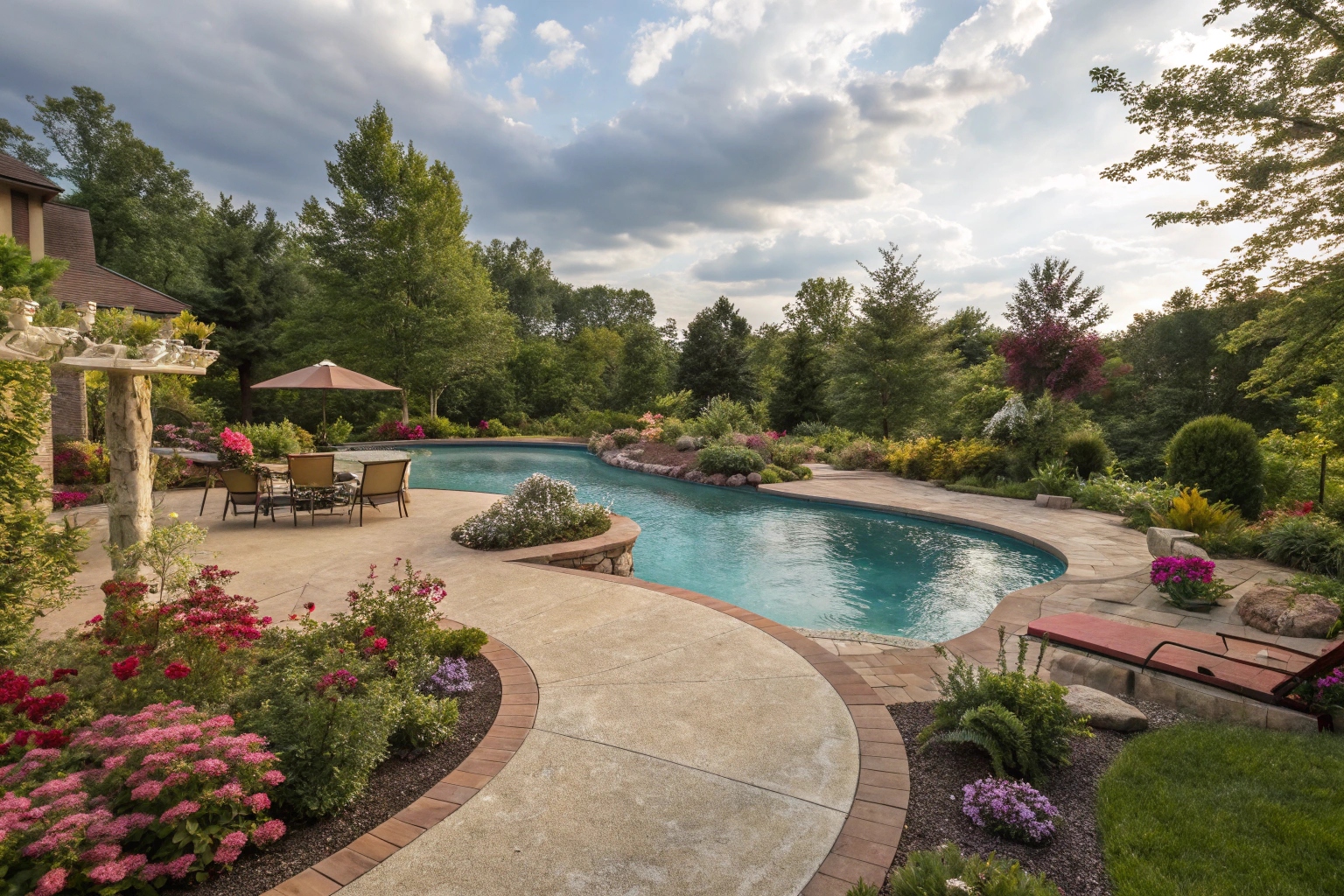 Colored concrete pool surroundings seamlessly integrated with Australian native garden landscaping around the swimming pool