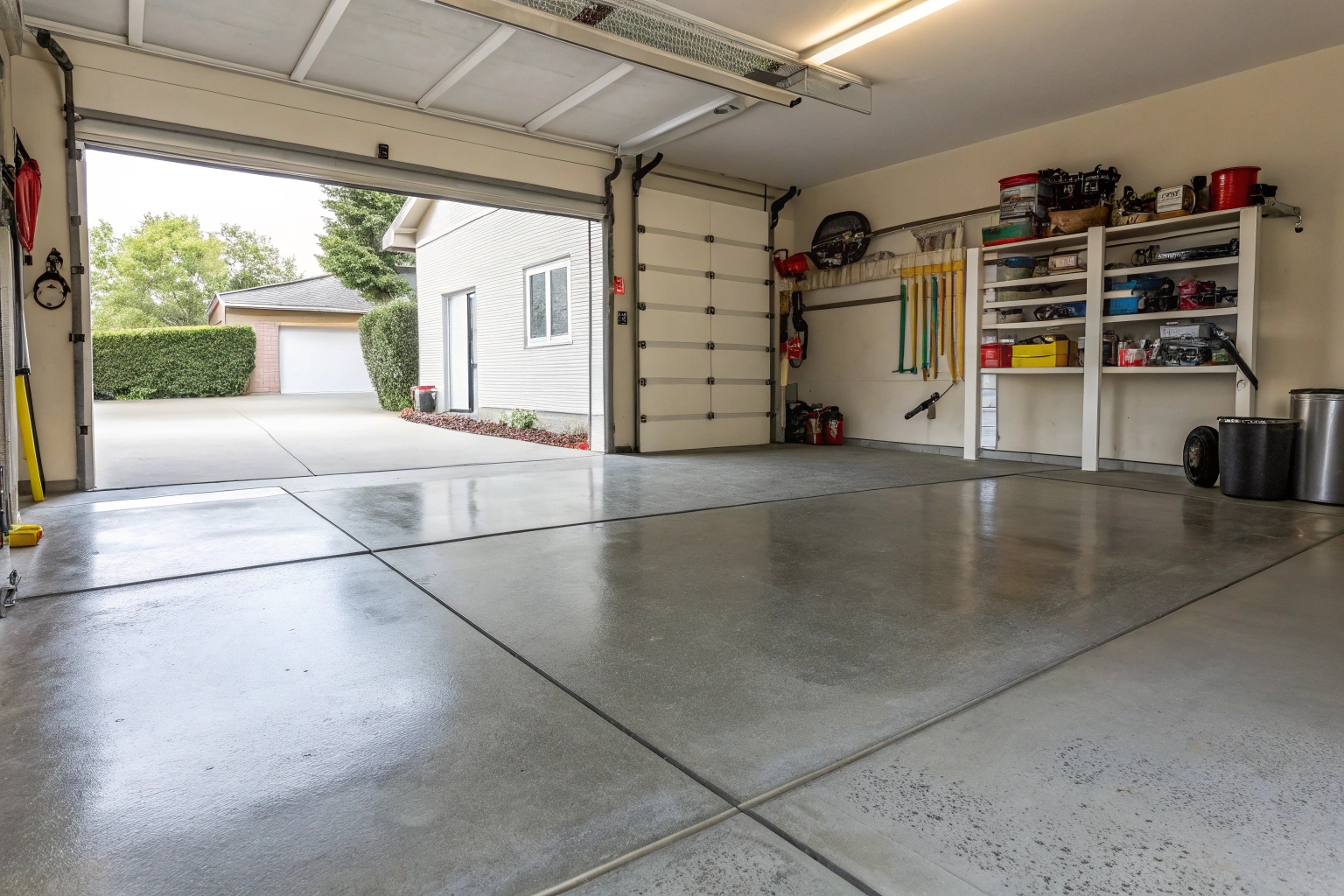 Seamless concrete garage floor integration with driveway showing professional installation quality