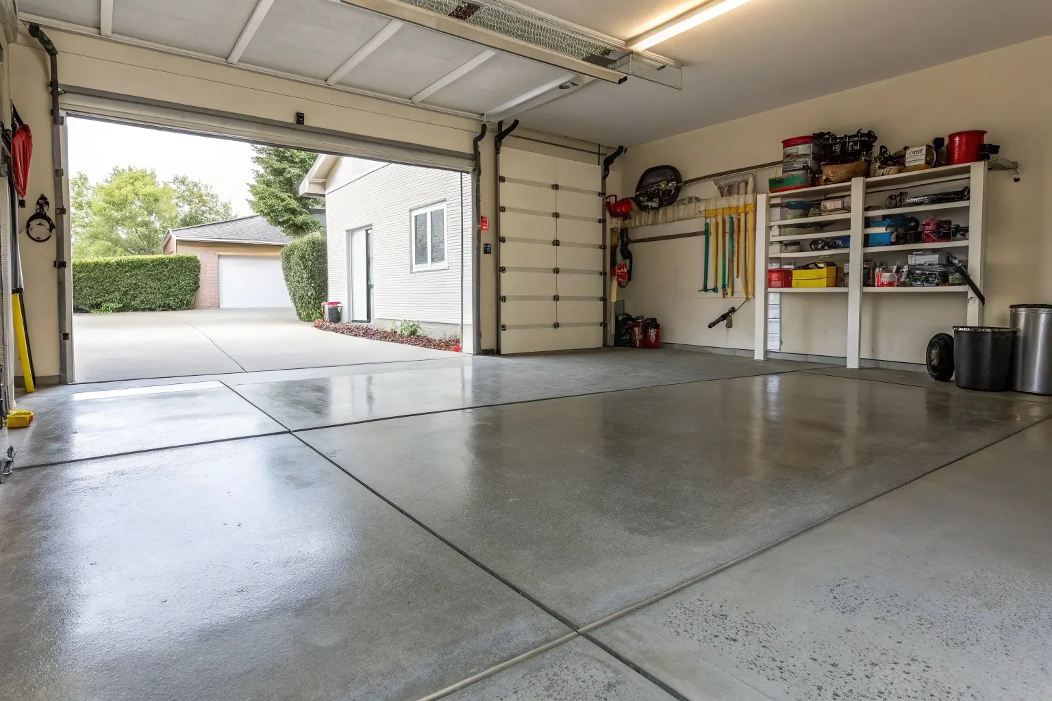 Seamless concrete garage floor integration with driveway showing professional installation quality
