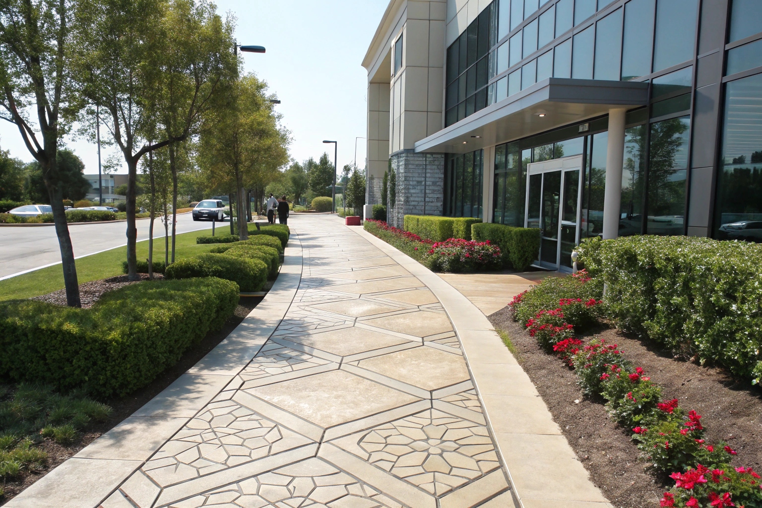 Commercial stamped concrete walkway with geometric pattern design