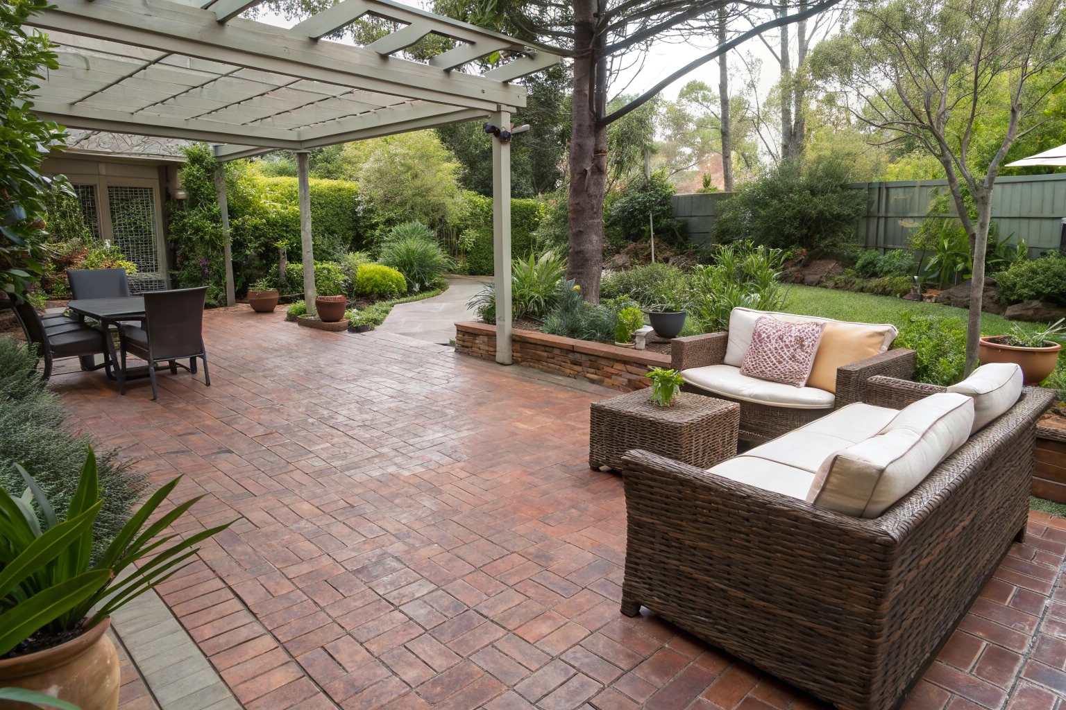 Stamped concrete patio with brick pattern for outdoor entertaining