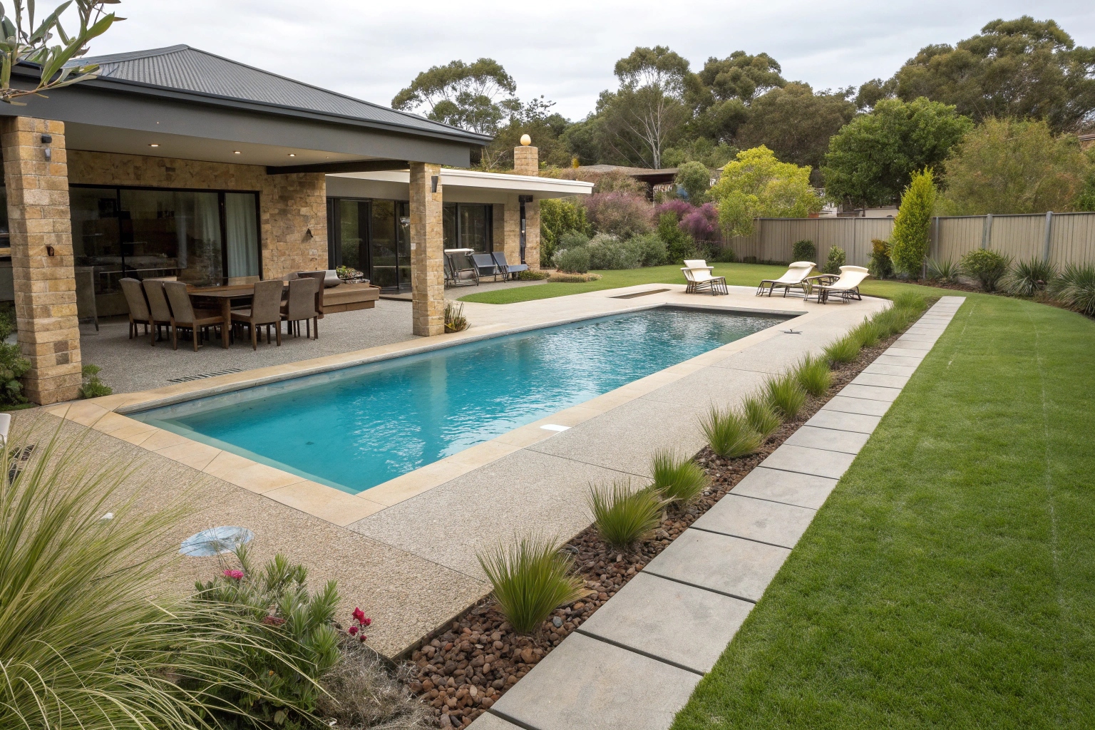 Exposed aggregate concrete pool surroundings with textured finish around a modern swimming pool in Canberra backyard