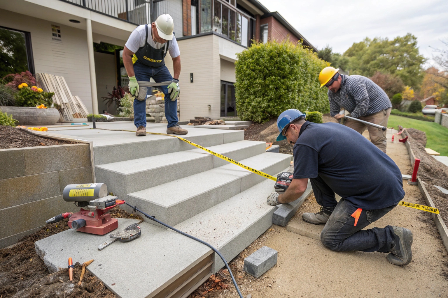 Professional concrete steps installation team working at a Canberra residential property