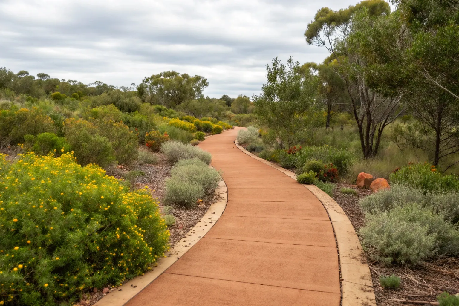 Earth-toned coloured concrete walkway complementing the natural Canberra landscape