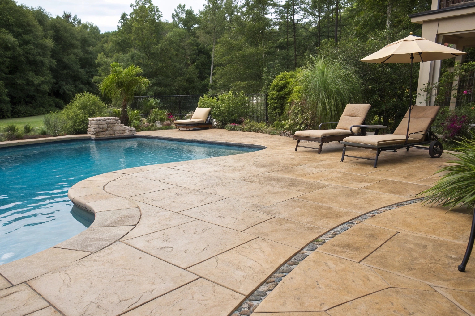Sandstone coloured concrete pool deck providing a durable and beautiful outdoor surface