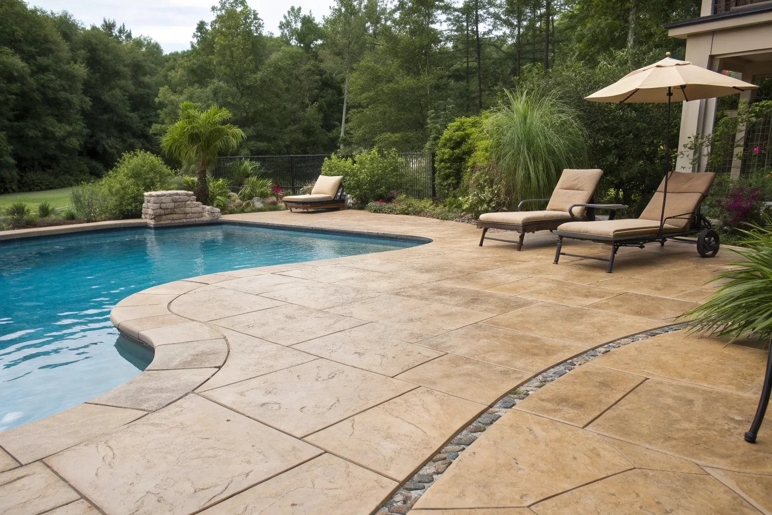 Sandstone coloured concrete pool deck providing a durable and beautiful outdoor surface