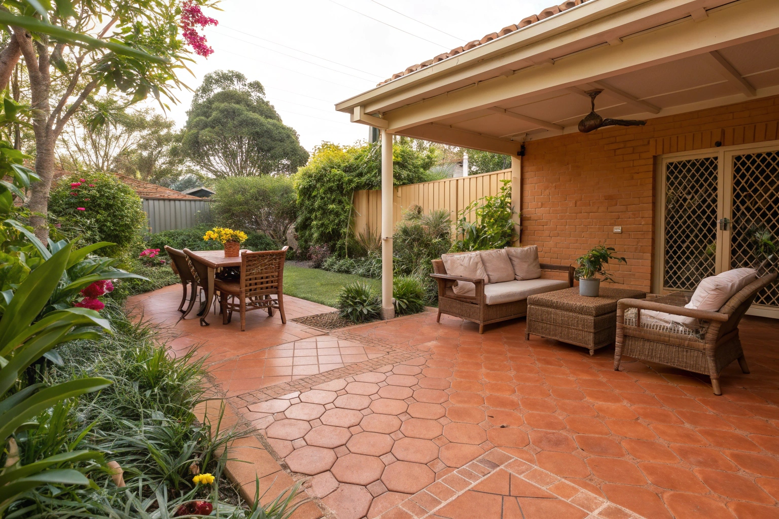 Terracotta coloured concrete patio perfect for outdoor entertaining in Canberra