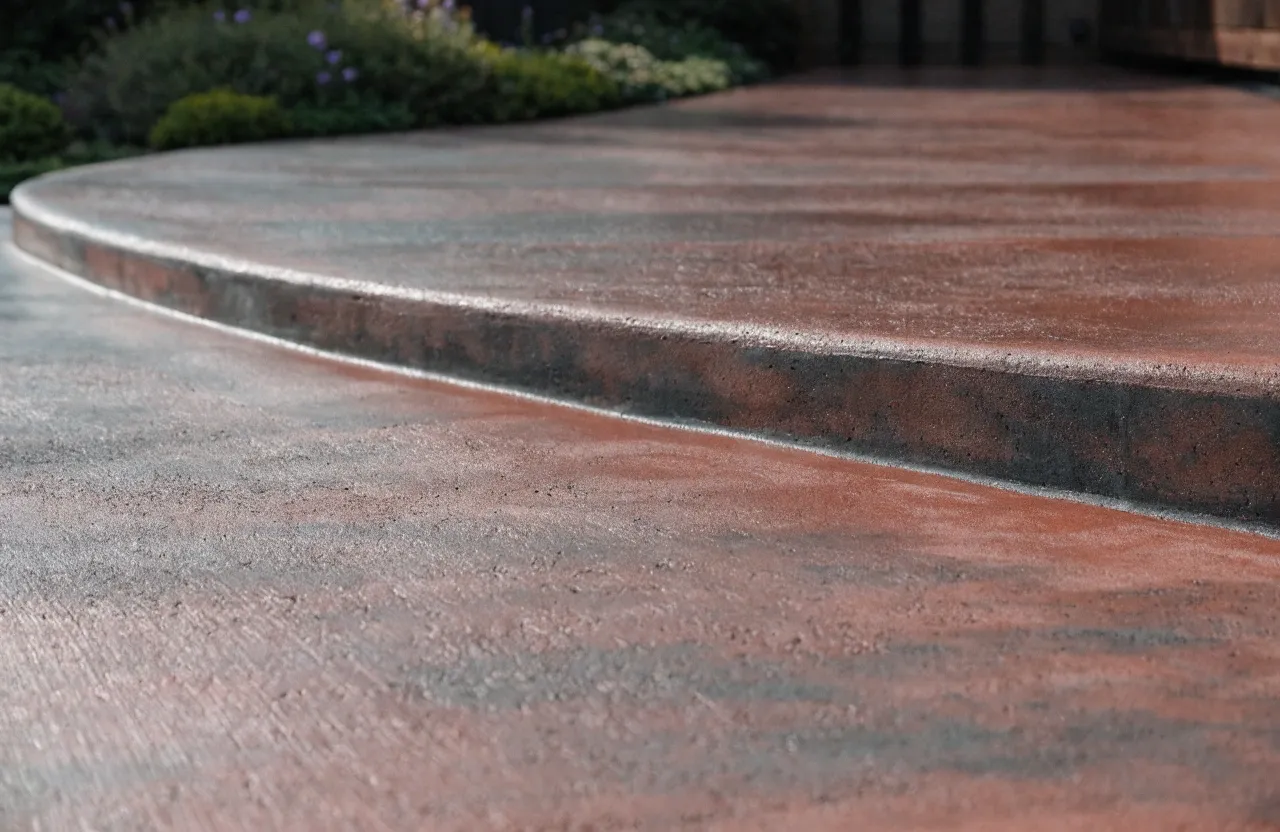 Integrally-coloured concrete in warm terracotta and charcoal tones with a smooth trowelled finish