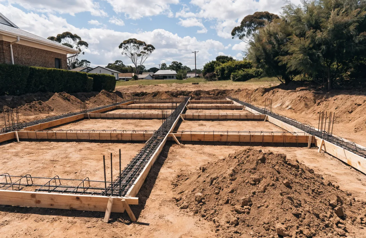 Formed concrete footing trenches with steel reinforcement ready for the pour