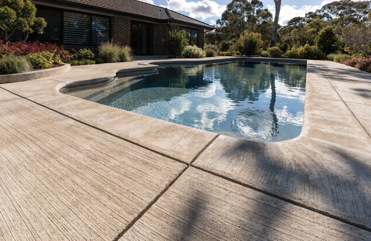 Completed concrete pool surround with a broom-finished deck around a backyard swimming pool in Canberra