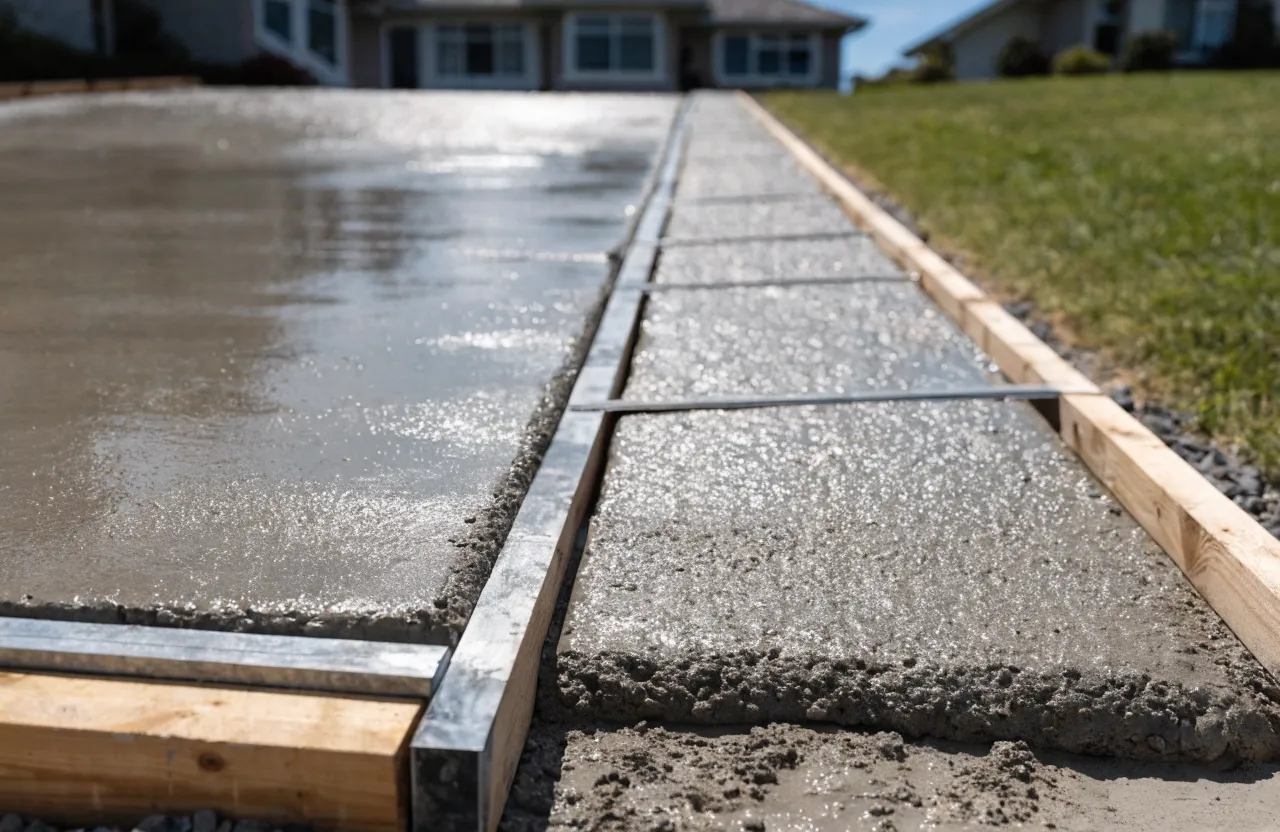 Fresh concrete being screeded and finished within driveway formwork