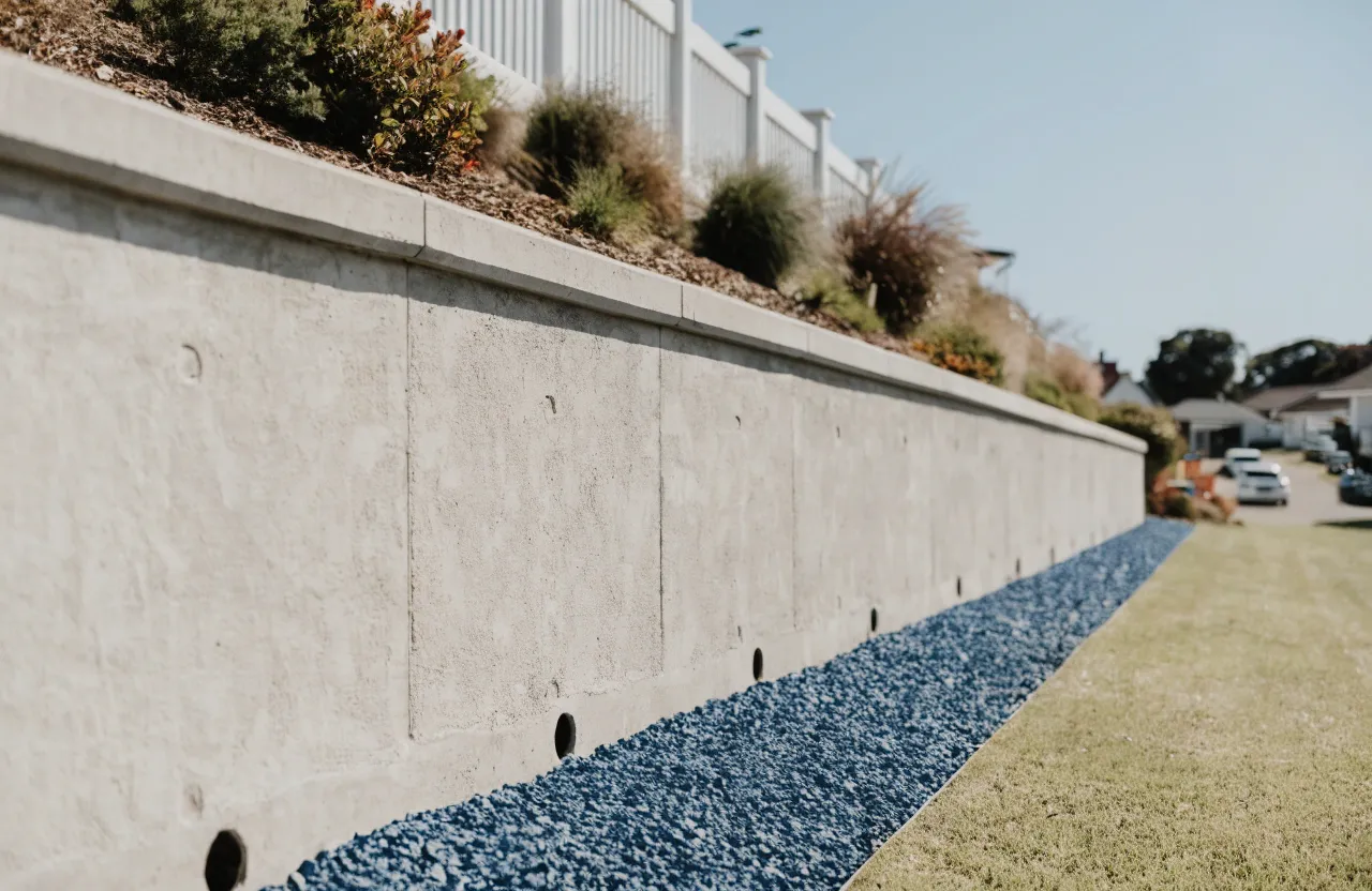 Completed reinforced concrete retaining wall on a sloping residential block