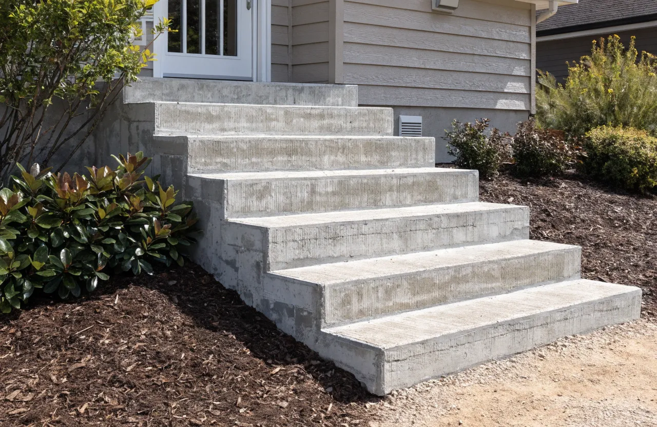 Newly poured and finished concrete steps at the entrance of a Canberra home