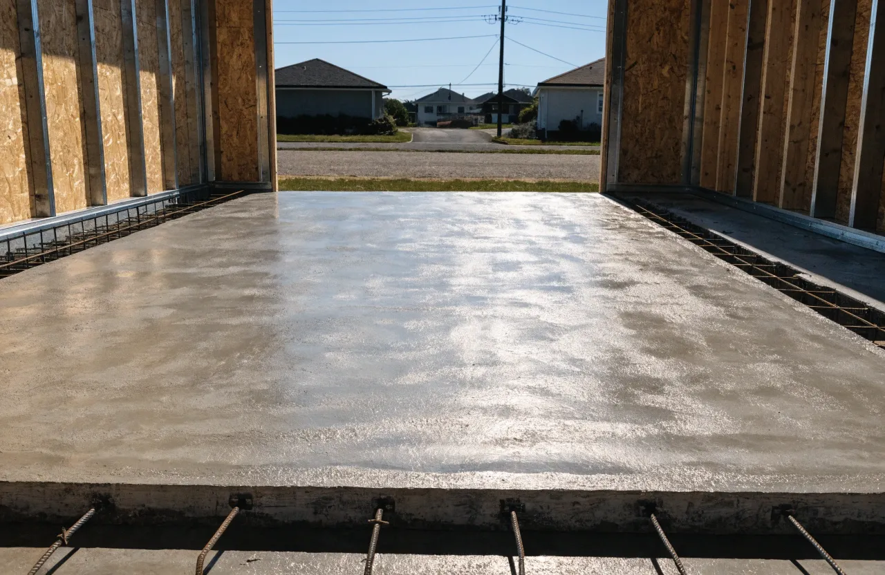 Freshly poured and power-floated concrete garage slab in a residential garage