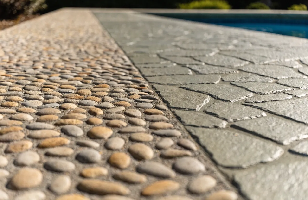 Decorative concrete pool-surround finishes — exposed aggregate beside stamped concrete