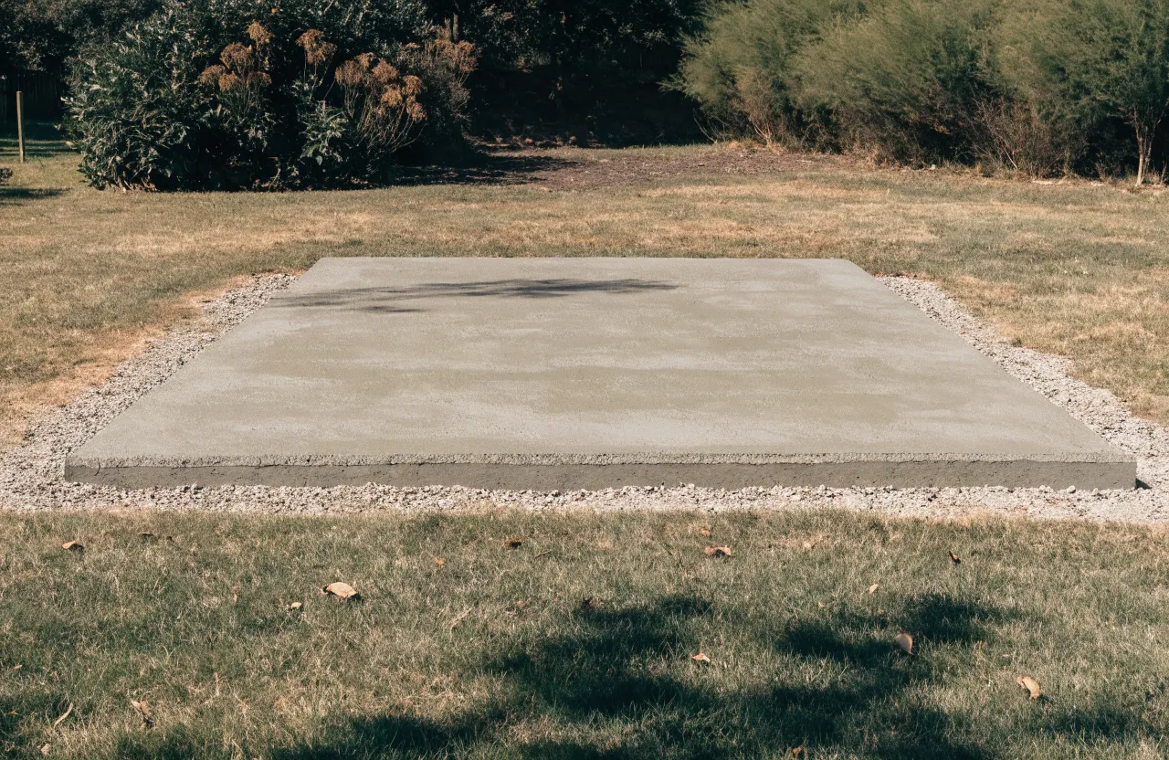 Freshly poured rectangular concrete shed slab on a prepared base in a backyard