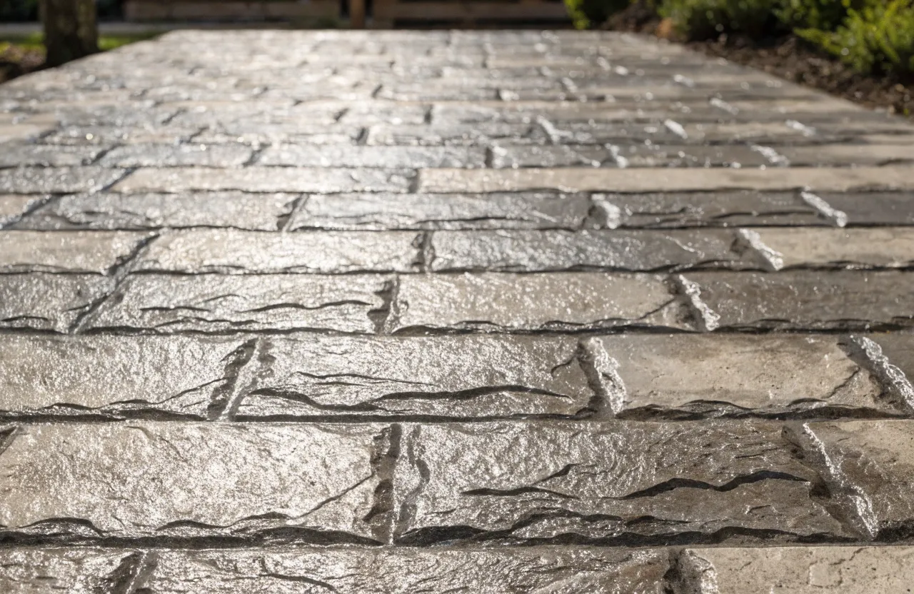 Stamped concrete in an ashlar slate pattern with realistic stone texture