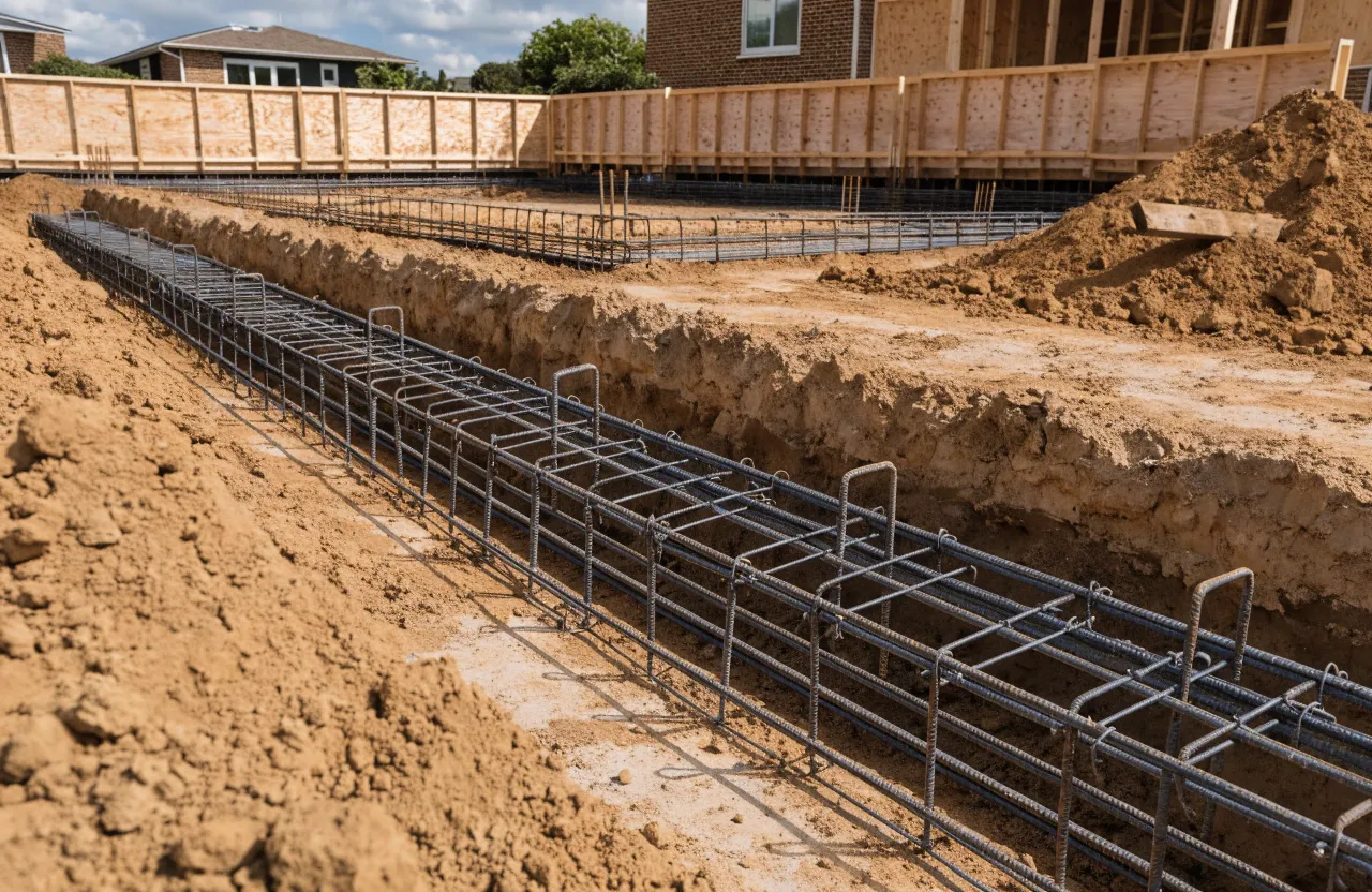 Continuous concrete strip footing trench with steel reinforcement bars in place
